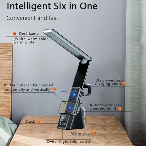 AYI 6in1 Multifunctional Foldable LED Table Lamp with Wireless Charger Digital Alarm Clock Eye-Care Lighting 3 Color Modes 15W Qi Charger for Phone/Headphones, iWatch Charger Compatible-N61 Black.