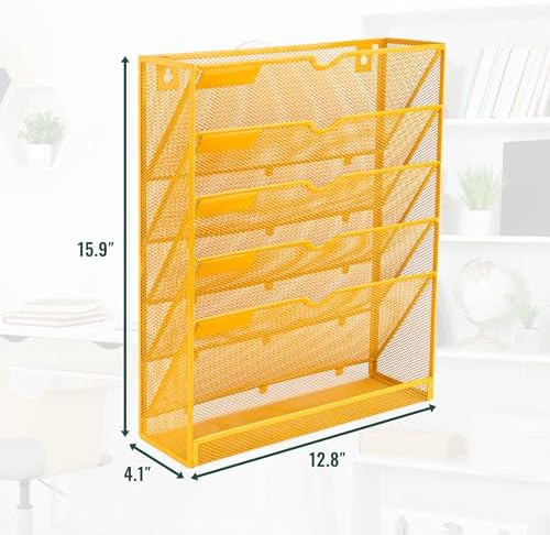 EASEPRES 6 Tier Mesh Hanging Wall File Organizer, Desk Vertical Mail Paper Document Folder Holder Rack with Bottom Tray and Nametag Label for Office Home School, Yellow