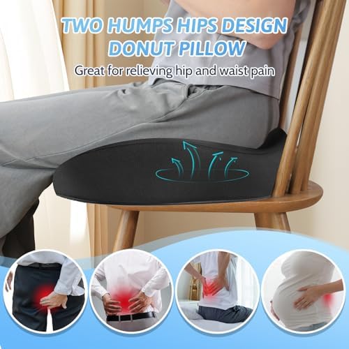 Donut Pillow, Hemorrhoid Pillow for Sitting, Donut Pillow for Tailbone Pain Relief Cushion, Two Humps Hip Comfortable Design, Doughnut Pillow, Butt Pillows for Postpartum Pregnancy, L Size-Black