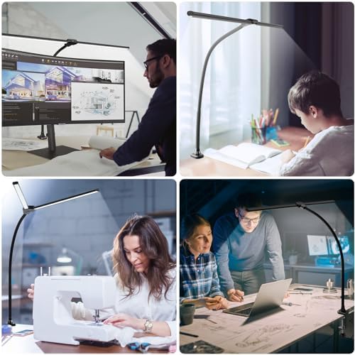 ShineTech LED Desk Lamp for Home Office, 5000K Bright Double Head Architect Task Lamps with Clamp, Dimmable Adjustable Flexible, Black