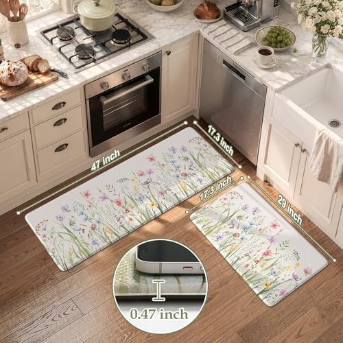 KIMODE Anti Fatigue Kitchen Mats for Floor, Floral Kitchen Rugs Sets of 2