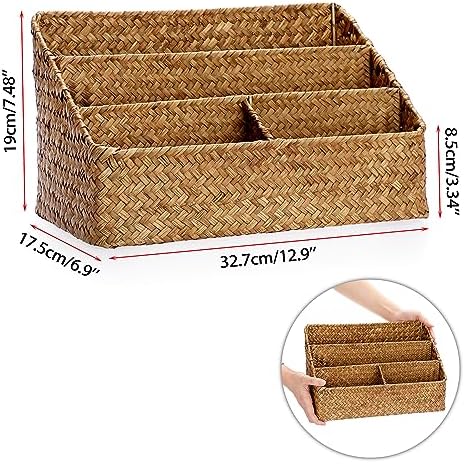 BTSKY Woven Storage Basket, Seagrass Desk Organizer with 4 Compartments