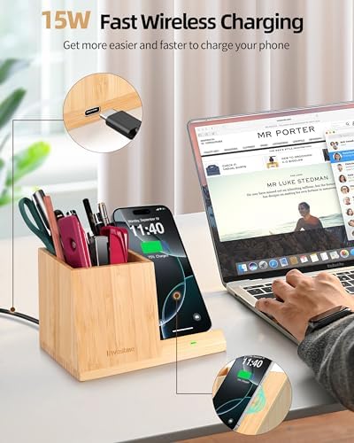 3-in-1 Bamboo Wireless Charger with Desk Organizer, Pen Holder for Desk