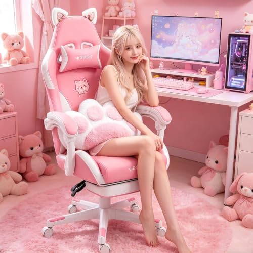 Vigosit Pink Cat Ear Gaming Chair with Footrest - Cute Gaming Chair for Girls, 310lbs Capacity, Adjustable Height & Lumbar Support, Ergonomic Computer Chair for Teens
