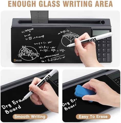 SELEAD Desktop Glass Whiteboard with Calculator and Storage, Black