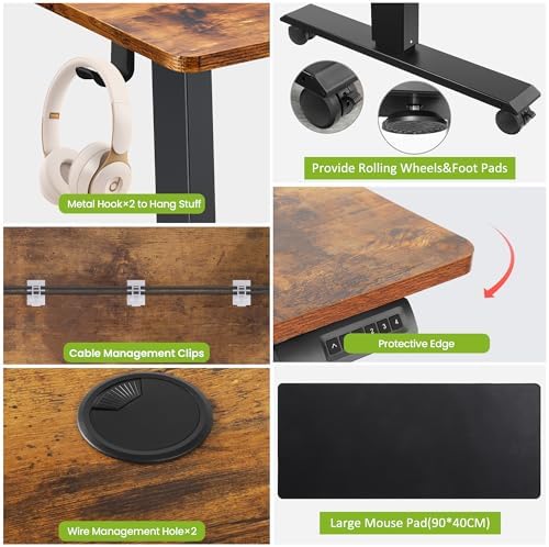 farexon Electric Standing Desk 71 x 28in with Outlets,Rolling Stand up Desk with Oversized Mouse Pad, Wheels,3 USB Ports & 3 Power Outlets,4 Preset Heights Easy to Set for Home Office(Brown)