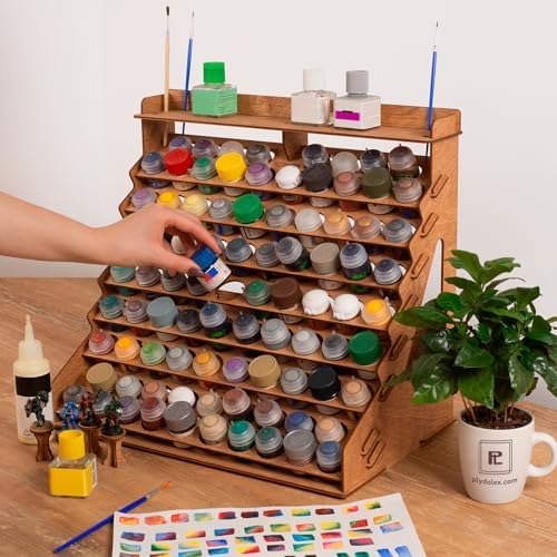 Plydolex Citadel Paint Organizer for 87 Bottles and 14 Brushes - Works for 10 ml Tamiya & 24 ml Citadel - Plywood Paint Rack with 6 Miniature Painting Stands for Warhammer 40K, DnD & Other Minis