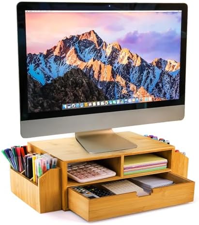 Hiceeden 2 Tier Bamboo Desktop Organizer, Desk Monitor Stand Riser with 1 Drawer and 2 Pen Holder, 2 Compartment Computer Desk Storage Organizer for Laptop, Printer