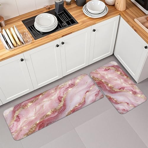 Tyrot Gold Pink Kitchen Mats for Floor 2 Pcs 17.3"X28"+17.3"X47"