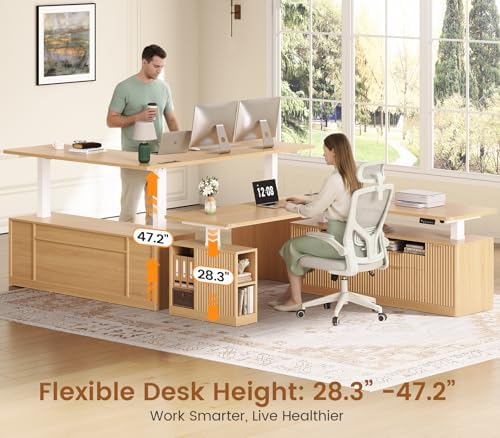 SEDETA Fluted L Shaped Executive Electric Standing Desk with 4 Drawers