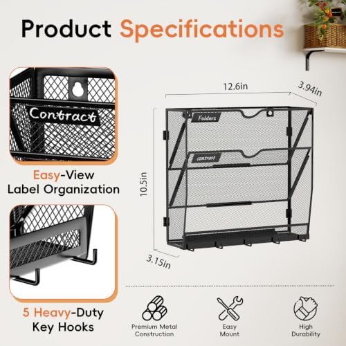 Wall File Holder Hanging Wall File Organizer, Wall Mount Mail Holder and Paper Organizer with Bottom Shelf & 5 Hooks for Office Home School (3-Tier 2Pack)