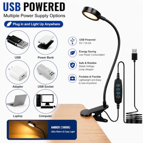 USB Clip-On Desk Lamp Eye Caring Dimmable Reading Light (Amber Light, 8W)