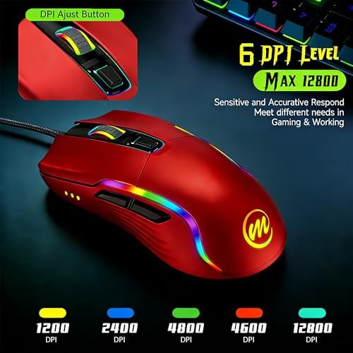 memzuoix Wired Gaming Mouse with RGB - 6 Adjustable DPI up to 12800, 6 Buttons, 12 Lighting Modes, Ergonomic Design with Anti-Slip Rubber Wheel, 5.6ft Braided Cable for PC/Mac/Windows - Red