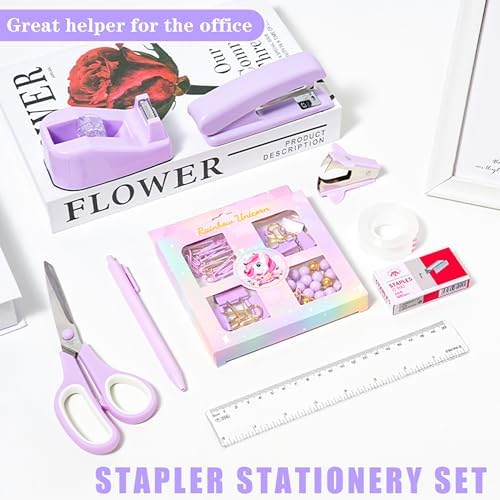 COMFYROOM Desk Accessories with Pen Holder, Office Supplies Desk Organizers and Accessories, Tape Dispenser, Stapler, Staple Remover, Staples, Clips Set, Ruler, Scissor, Pen, Tape (Purple)