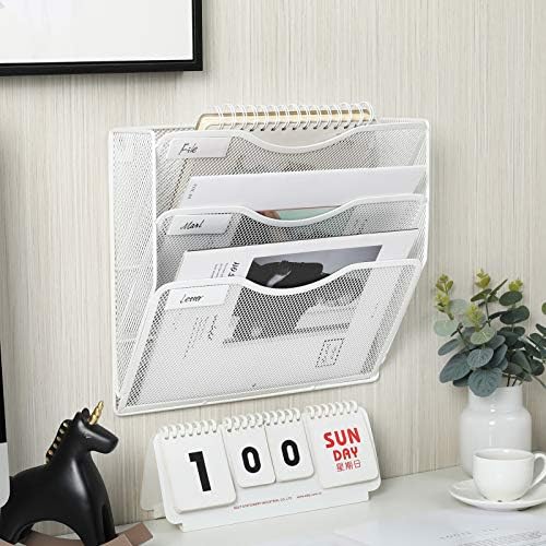 EasyPAG 3 Pocket Mesh Wall File Organizer, Hanging Paper Folder Holder with Classify Label, Vertical Wall Mount Mail Organizer for Office Home Classroom, White