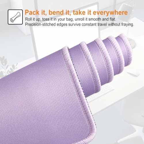 Large Gaming Mouse Pad, Non-Slip Rubber Base, [27.5x11.8IN] Computer Desk Mat for PC, Mac, Laptop - Stitched Edges and Smooth Surface for Office, Home, Work-70x30 LightpurpleJ