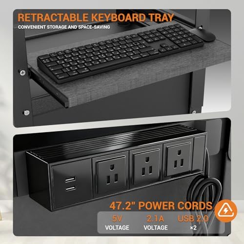 Mobile AV Cart with Cabinet, Rolling Computer Cart Height Adjustable Rolling Media Utility Cart with Extra Storage Space, 4 Outlets, Pullout Keyboard Tray Perfect for Home or Office Use