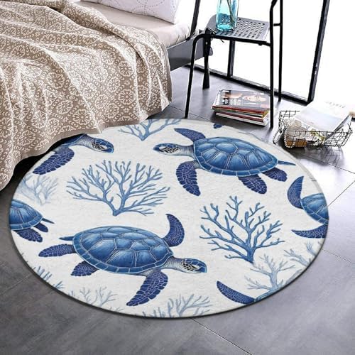 Fashion Round Area Rug Large Non Slip Carpet, Sea Turtle Grass Natural Watercolor Unisex Home Decor Mat