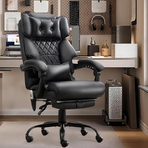Massage Office Chair with Foot Rest,6 Points Vibration & Heat Executive Office Chairs,Big and Tall Office Chair 500LBS,Ergonomic Desk Chair for Heavy People,Recliner with Dual-Use Pillow,Black PU