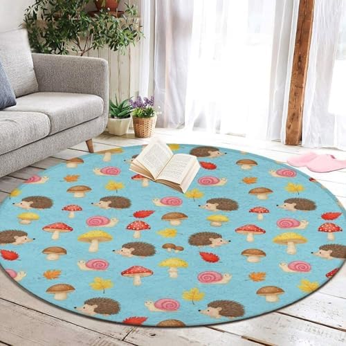 Machine Washable Modern Round Area Rug, Room Sofa Yoga Soft Round Carpet, Home Decor Non Slip Kitchen Office Circle Rug Mushrooms Hedgehogs Snail