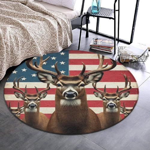 Large Home Decor Mat, Soft Round Yoga Carpet, Non Slip Machine Washable Home Office Circle Rug American Flag Hunting Deers