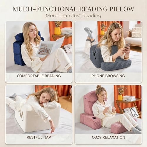 Reading Pillow for Adults, Back Pillow for Bed Sitting Up, Backrest Pillow for Sitting in Bed, Detachable Arms with Built-in Cup & Phone Caddy (Dark Navy-Corduroy, 21 INCH)