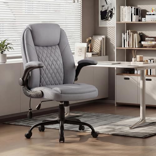 MALOL Leather Office Chair, Computer Desk Chair with Adjustable Lumbar Support, Thick Cushion, Flip-Up Arms and Ergonomic Back, Comfy Executive Office Chair for Home Office Gaming,Grey