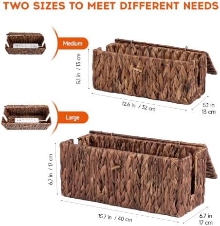 Cable Management Box with Lid, 2Pack Handwoven Real Water Hyacinth Cord Hider Organizer Boxes,2 Side Open Slots Storage Box to Hide Cords Power Strip for Desk, Floor, Office