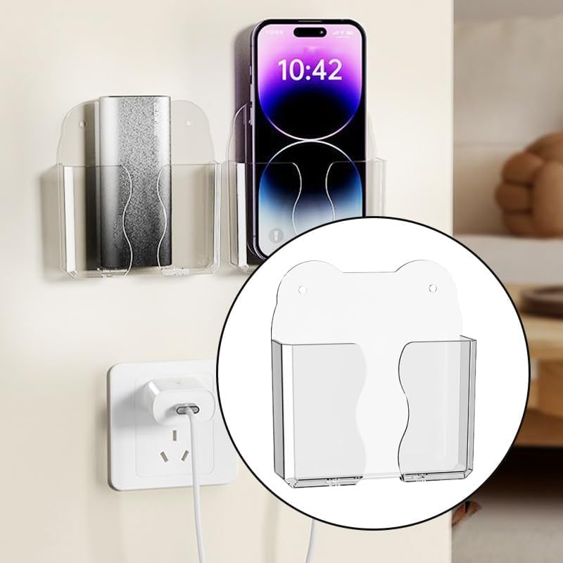 2-Pack Clear Wall Phone Holder - Self-Adhesive & Hardware Mount | Bottom Cable Access | Universal Smartphone Stand | Space-Saving Desk Organizer
