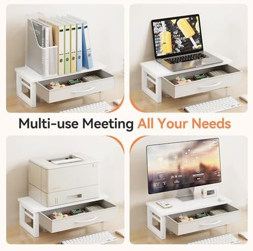 Desk Organizers and Accessories, Computer Monitor Stand Riser with Drawer, White Laptop Stand for Desk with Storage, Office Organization, Wood