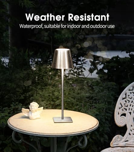 UME 3 Pack Cordless Table Lamp, Battery Operated Lamp - Portable Waterproof Rechargeable Table Lamp w/ 3 Color Temps & Stepless Dimming for Dinner, Desk, Cafe, Outdoor (Brushed Silver)