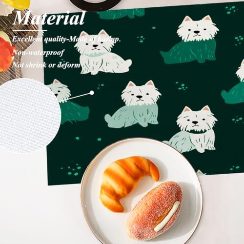 Shrahala Cute Dog in Dark Green Placemats, White Dogs Spots Table Mat Linen Burlap Washable Double-Deck Heat Insulation for Dining/Kitchen Table Set of 8 (12 X 18 Inch)