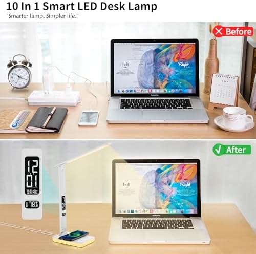 LED Desk Lamp for Home Office, USB Charging Port, Reading Lamp Desk Light with 5 Brightness, 3 Colors, Table Lamp with Clock, Alarm, Date, Temperature, Desk Lamp for College Dorm Room (White)