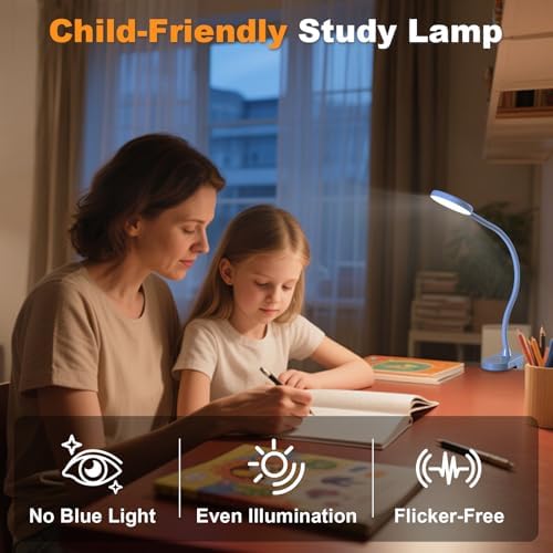 Cordless Clip on Reading Light, Rechargeable LED Book Lamp for Kids, Flexible and Dimmable Clamp Light with 3 Color Modes & 10 Brightness for Students Dorm Room Desk Bunk Bed Headboard (Blue/3.5'')