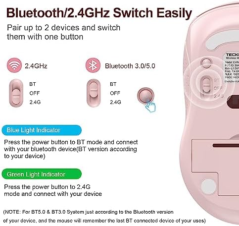 TECKNET 2-in-1 Bluetooth Mouse (BT 5.0/3.0+2.4Ghz), 6-Level 4000 DPI Pink