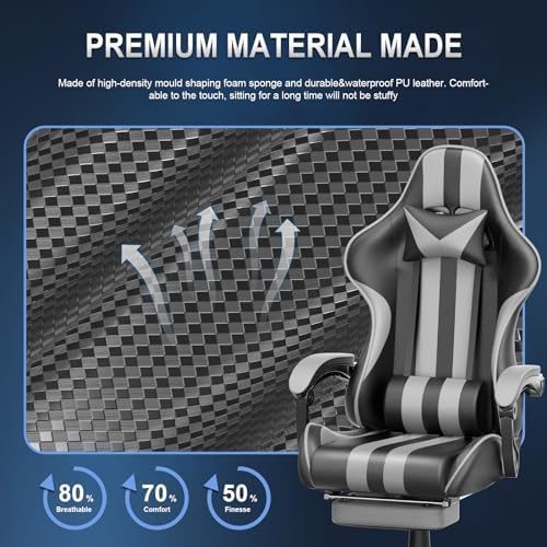 Huracan Gaming Chair with Footrest, Adjustable Ergonomic Computer Office Chair with Lumba Pillow, Video Game Computer Chairs for Adults, Racing Style Reclining Backrest Office Desk Chairs, Grey