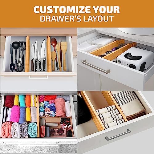 Bambüsi 4-Pack Drawer Divider - 2.6" High, 16" to 22" Adjustable Bamboo Drawer Organizers for Clothes, Expandable Dresser Separators in Bedroom/Bathroom/Kitchen/Office Organization and Storage