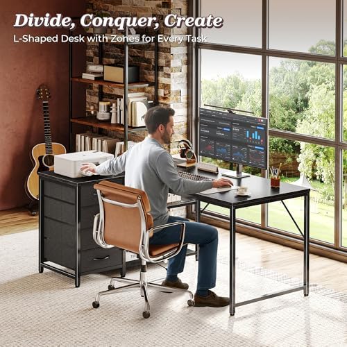 PRAISUN 43.3" Small L Shaped Desk with Power Outlets & 4 Drawers