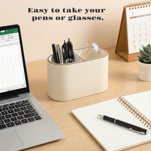 PU Leather Pen Holder, Desk Organizer Caddy with 2 Compartments