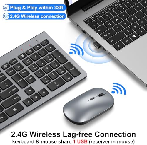 Ergonomic Ultra Slim Wireless Keyboard and Mouse Combo,2.4G Full Size,Gray