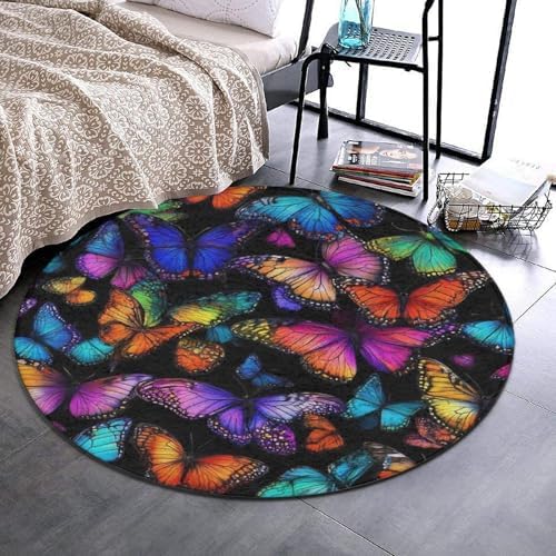 Highly Premium Quality Floor Mat, Office Chair Decor Mat, Room Sofa Yoga Soft Round Carpet Colorful Butterflies Butterfly Art, 24inch