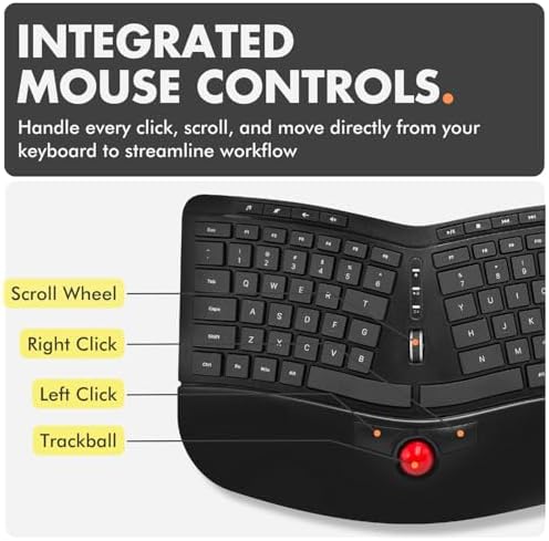 X9 Performance Ergonomic Wireless Keyboard with Trackball - Rechargeable, Backlit, Built in Mouse Buttons - 2.4G Split Keyboard Wireless for Windows PC and Chrome - All in One Typing Solution