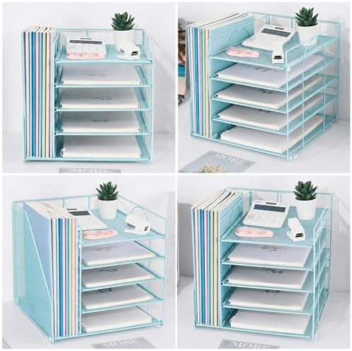 LEKETREE Desk Organizers and Accessories, 5-Tier Paper Letter Tray Organizer with File Holder, Desktop Organizer for Office Supplies (Blue)