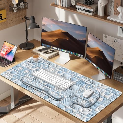 4 in 1 Large Mouse Pad, Keyboard Wrist Rest Set, Ergonomic Mouse Pad with Wrist Support, Desk Mat with Stitched Edges Extended Desk Pad Waterproof Desk Mat for Home Office Game I Cute Rabbit Baby Blue