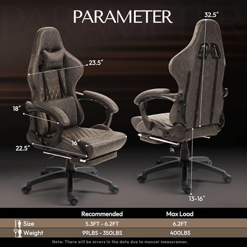 Dowinx Gaming Chair Big and Tall, Ergonomic PC Gaming Chair with Footrest & Massage, Racing Style Reclining Computer Chair for Adults, 400LBS Capacity - Heavy Duty Gamer Chair (Brown)