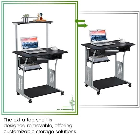 Yaheetech Small Rolling Computer Desk with Hutch and Storage Shelves, Black