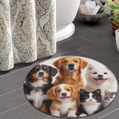 Fashion Round Area Rug Large Non Slip Carpet Unisex Home Decor Mat Puppies and Kittens