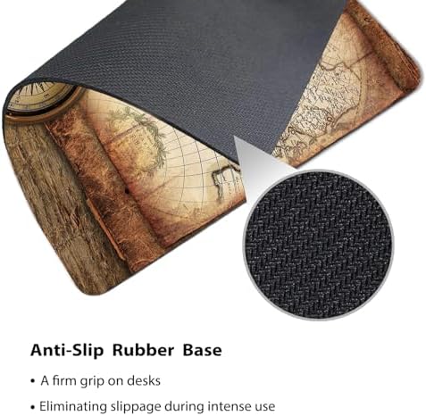 9.5x7.9 Inch Office/Gaming Mouse Pad, Nostalgic Vintage World Map & Brass Compass Antique Nautical Exploration, Cute Anti-Slip Mat for Desk Decor