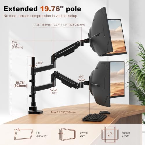 Heavy Duty Dual Monitor Arm for 17-49" Screens, Vertical Stack, 44lbs