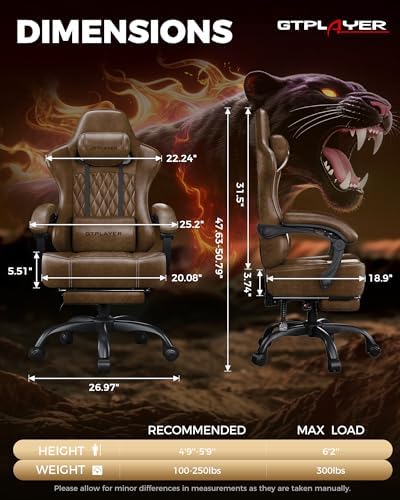 GTPLAYER Big and Tall Gaming Chair with Footrest, Ergonomic Office Desk Chair with 4.4in Thick Cushion and Wide Wingless Seat, Comfortable Leather Computer Chair, Predator Series, Rustic Brown